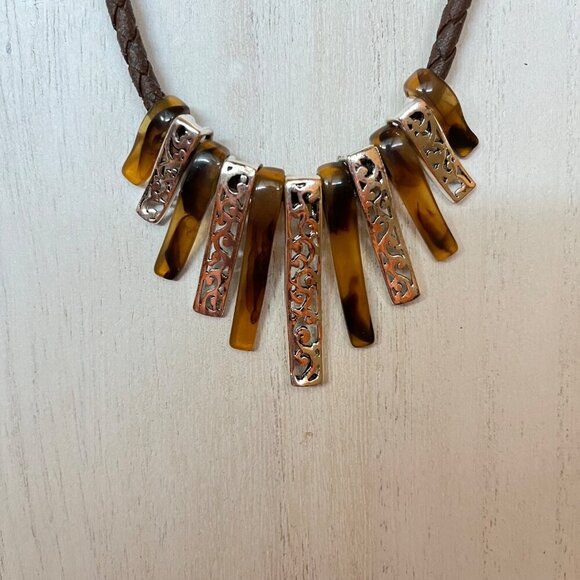 Brown Braided Necklace With Amber & Silver-Toned Pendants Adjustable Length - Picture 3 of 5